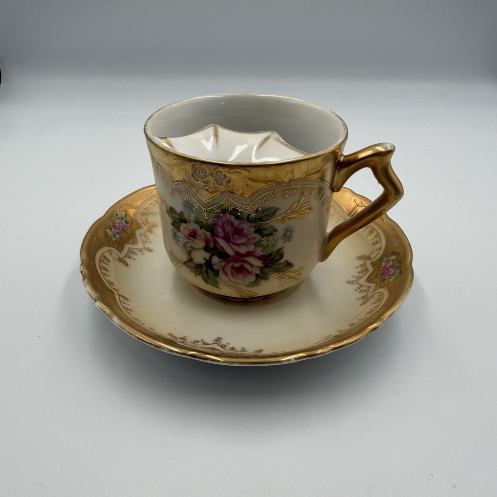 Royal Crown Hand Painted Vintage Gilded Mustache Guard Cup & Saucer 33/357